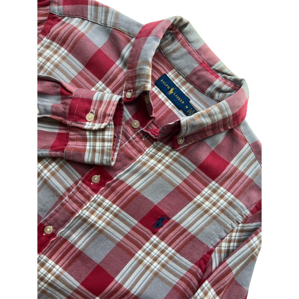 Polo Ralph Lauren Shirt Flannel Mens M Red Grey Plaid Cotton Button Up Blue Pony